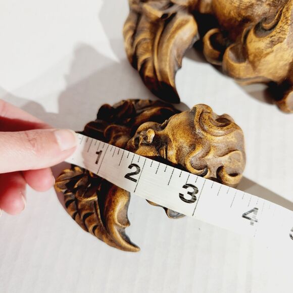 Syroco Wood Angel Cherub Wall Hanging 6in 3.5in Lot of 2 MCM Vtg Detailed Brown - Picture 8 of 8